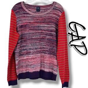 GAP 100% Cotton Marled Crewneck Sweater Stripe Sleeves Red Navy Womens Sz Large
